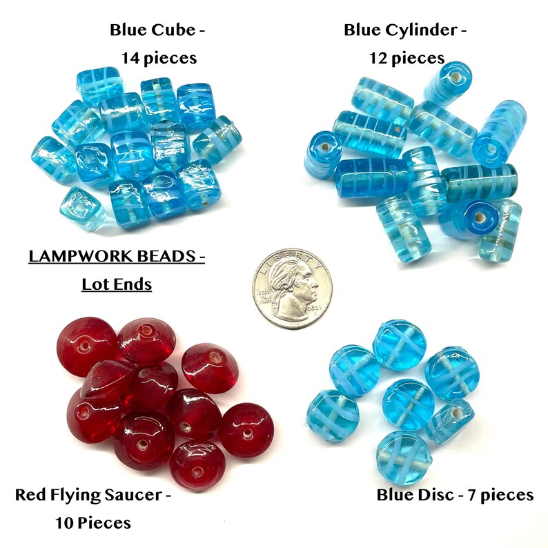May include: A collection of lampwork beads in various shapes and colors. The image displays blue cube beads, blue cylinder beads, red flying saucer beads, and blue disc beads. A US quarter is included for size reference. The text "LAMPWORK BEADS - Lot Ends" is also visible.