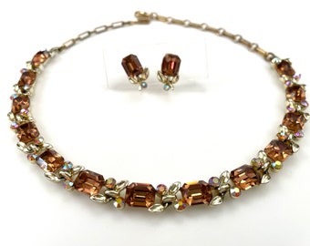 60s Rhinestone Jewelry Set for Women, 1960s Vintage 16" Gold Lisner Riviere Choker Necklace & Screw Back Earrings, Chunky Amber Color Stones