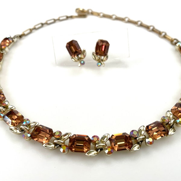 60s Rhinestone Jewelry Set for Women, 1960s Vintage 16" Gold Lisner Riviere Choker Necklace & Screw Back Earrings, Chunky Amber Color Stones