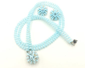 60s Glass Beaded Vintage Jewelry Set, Clear and Pale Blue Double Strand Necklace and Matching Clip On Earrings, Laguna Jewelry, Mid Century