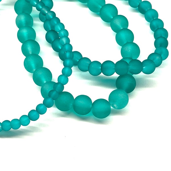 50 Pcs Cultured Sea Glass Beads for Jewelry Making, Teal Green Blue, Matte Frosted Rounds, 4mm 6mm 8mm 10mm, Necklace Bracelet,  CFB18