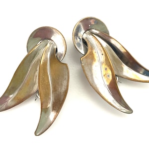 30s Vintage Fur Clips, Silver Tone with Gold Tone Wash Dress Clips, Unmarked, 2&quot; Long and 1&quot; Wide, Leaf Motif