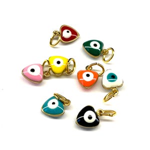 4 Pcs Evil Eye Heart Charm for Jewelry Making, Blue Pink Red Black Yellow Orange Green White, Brass Pendant w/1mm Hole, Single/Mixed Color
