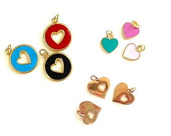 Assorted Heart Charms for Jewelry Making, 18K Gold Plated, Colorful Enamel, Rose Gold, Cut Out Round Pendants, Pink Blue Green White Purple