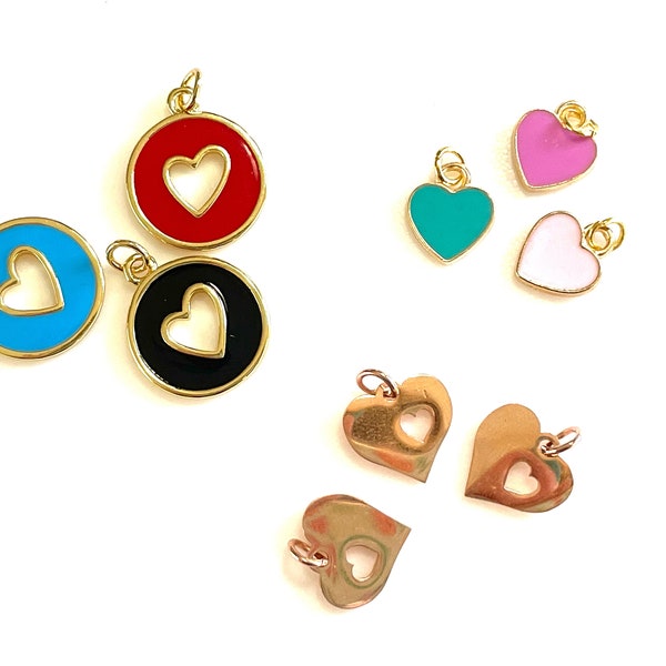 Assorted Heart Charms for Jewelry Making, 18K Gold Plated, Colorful Enamel, Rose Gold, Cut Out Round Pendants, Pink Blue Green White Purple