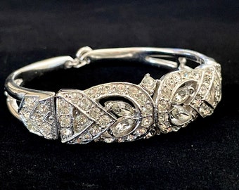 40s Wedding Bracelet for Women, 1940s Vintage Jewelry, Adjustable Silver Tone Rhinestone Cuff with Safety Chain, Signed Ledo, Art Deco Style