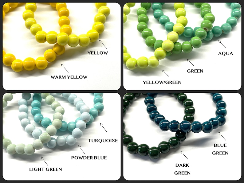 May include: A set of ten bracelets with different shades of green, blue, and yellow. The bracelets are made of round ceramic beads.