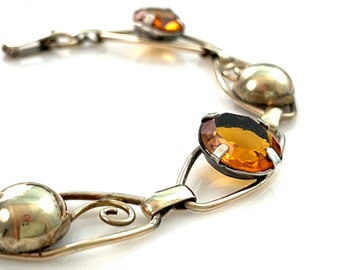 40s Art Deco Jewelry, Vintage Gold Filled Rhinestone Bracelet for Women, 7.5" Long, Prong Set Oval Stones, Amber Color Open Back Faux Topaz