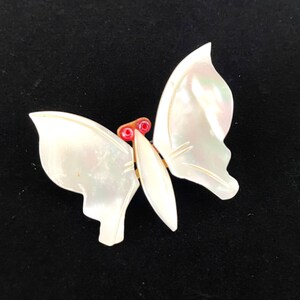 Vintage Butterfly Brooch for Women, 60s Costume Jewelry, 1.75&quot; Mother of Pearl Pin, White Shell Wings & Body, Red Beaded Eye, Figural Insect