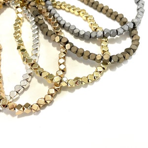 50 Pcs Metal Spacer Beads for Jewelry Making, Tiny Faceted Hematite Cubes, Gold and Silver, Center Drilled, Approx 4mm, 2mm Hole CMBPGN