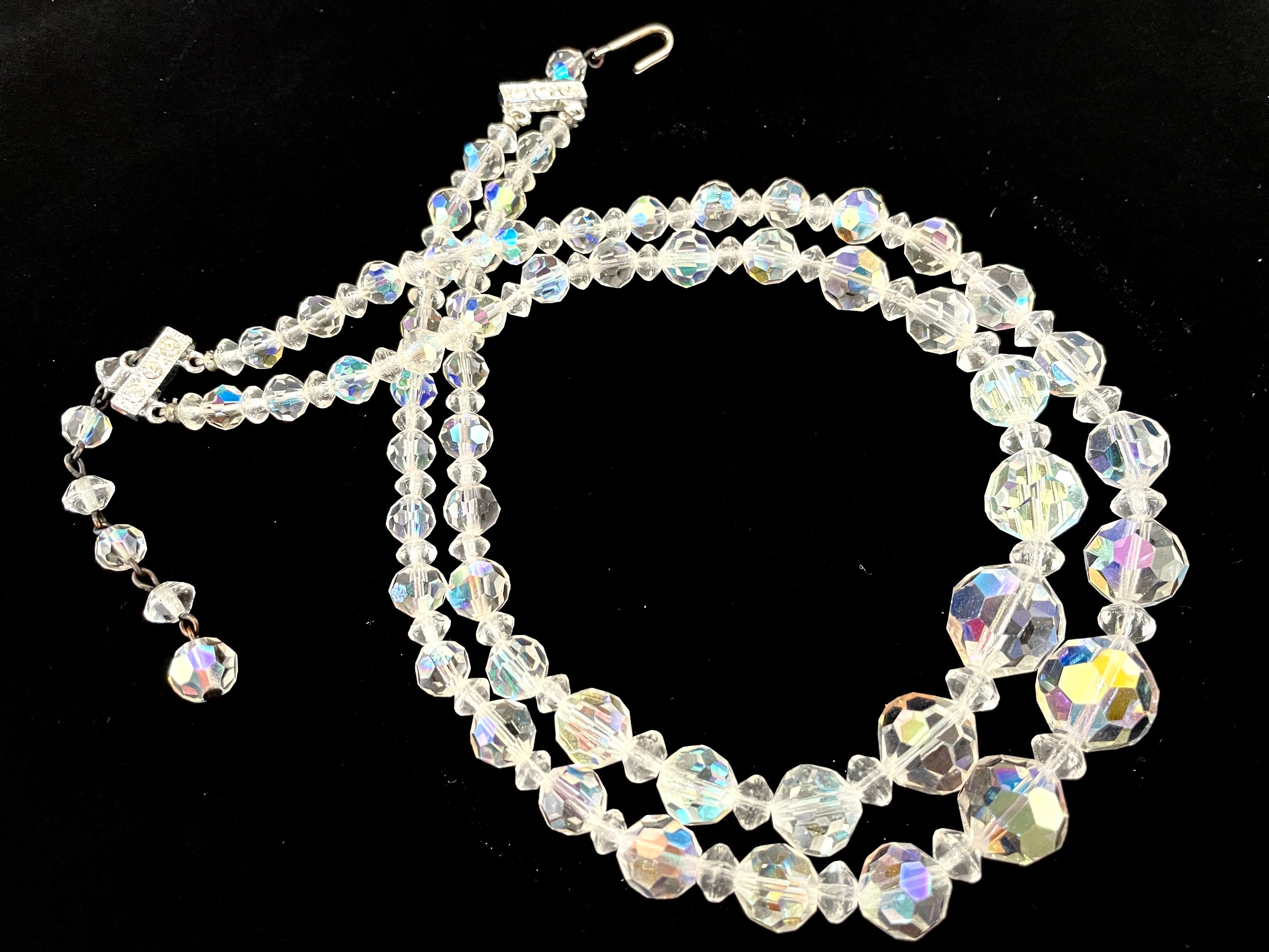 60s Crystal Choker for Women, Vintage Costume Jewelry, 17" Graduated Double Strand Aurora Borealis Glass Beaded Necklace, Hook & Chain Clasp