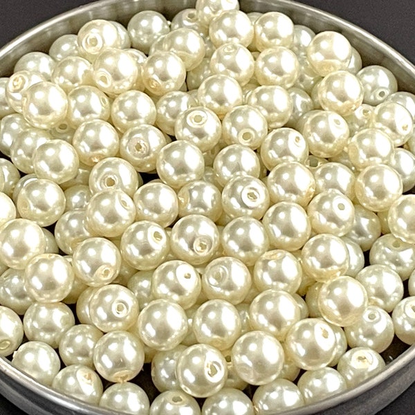 High Quality Faux Pearl Beads for Jewelry Making, 15" Strand 8mm Round Glass Pearls, Ivory Off White Cream, Wedding Bridal, 0.8 mm Hole