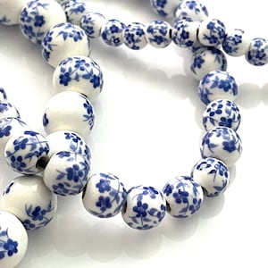 50 pcs Blue & White Porcelain Beads for Jewelry Making, 6mm 8mm 10mm 12mm Floral Ceramic Rounds, Chinoiserie Rosary Bracelet, 1.5mm Hole