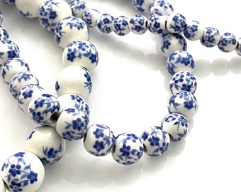 50 pcs Blue & White Porcelain Beads for Jewelry Making, 6mm 8mm 10mm 12mm Floral Ceramic Rounds, Chinoiserie Rosary Bracelet, 1.5mm Hole