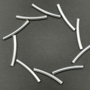 10 pcs Silver Tube Beads for Jewelry Making, Craft Supplies, 24mm x 3mm Silver Plate Metal Smooth Curved Tubes, Long Noodle Spacer, 2mm Hole