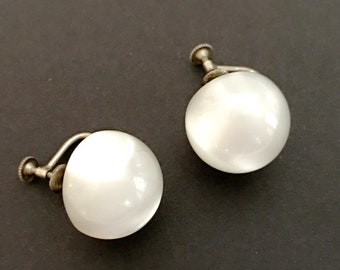 60s White Lucite Earrings for Women, Vintage Costume Jewelry, Pearlescent Sterling Silver Screw Back Moon Glow Earrings, Mid Century MCM