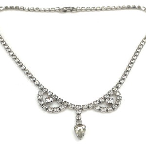 Simple Rhinestone Choker for Women, 50s Vintage Jewelry, 14.5" Silver Necklace with Clear Pear Shape and Round Stones, Hinged Clip Clasp