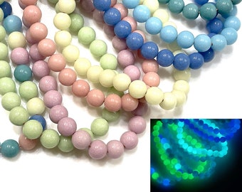 25 Pcs Assorted Glow in the Dark Beads for Jewelry Making, 6mm 8mm 10mm Stone Glass Round, Blue Green Pink Yellow Purple Rave Bead, 1mm Hole