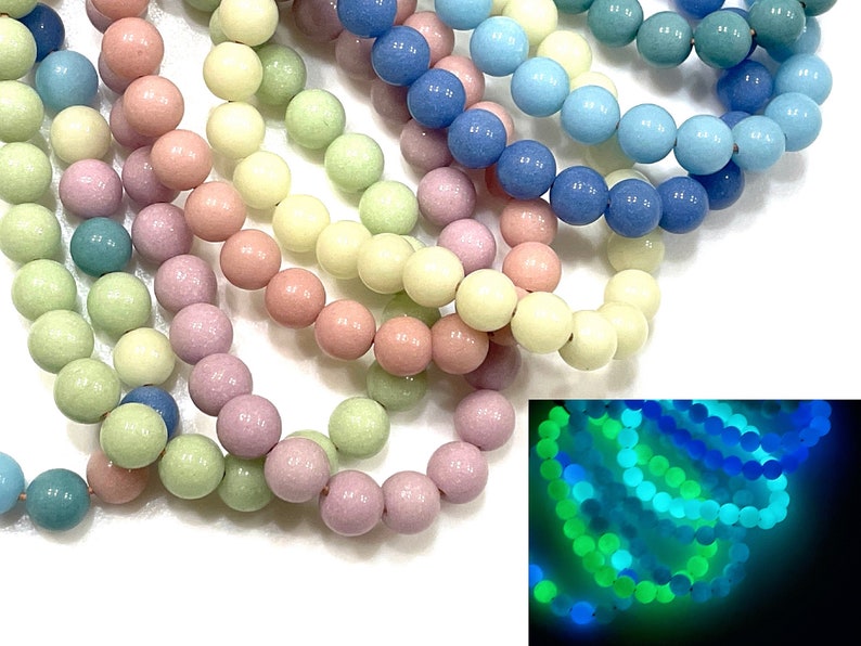 25 Pcs Assorted Glow in the Dark Beads for Jewelry Making, 6mm 8mm 10mm Stone Glass Round, Blue Green Pink Yellow Purple Rave Bead, 1mm Hole image 1