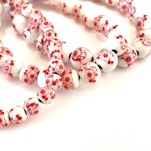 50 Pcs Red & White Porcelain Beads for Jewelry Making, 6mm 8mm 10mm 12mm Floral Ceramic Round, Chinoiserie Flower, Unique Supply, 1.5mm Hole