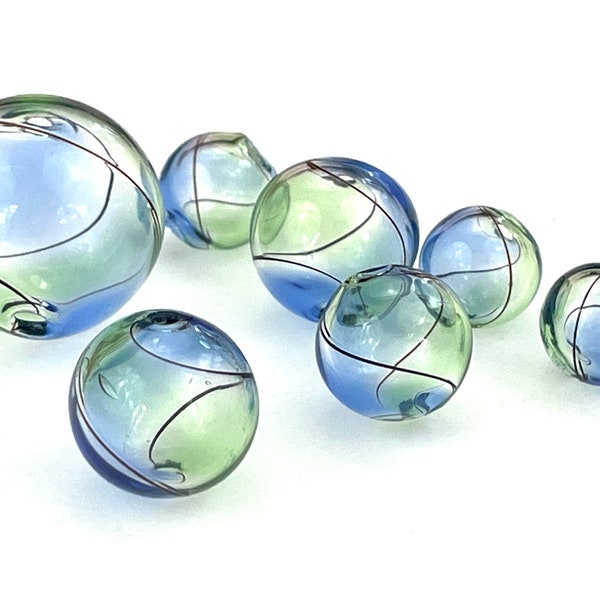 5 Pcs Hollow Blue Green Glass Bubble Beads for Jewelry Making, Unique Hand Blown 10mm 12mm 14mm 20mm Lampwork Rounds, Black Stripe, 1mm Hole