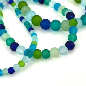 50 Pcs Assorted Frosted Glass Beads for Jewelry Making, 4mm 6mm 8mm Blue Green Round Cultured Sea Glass, Stretch Bracelet Necklace, 1mm Hole