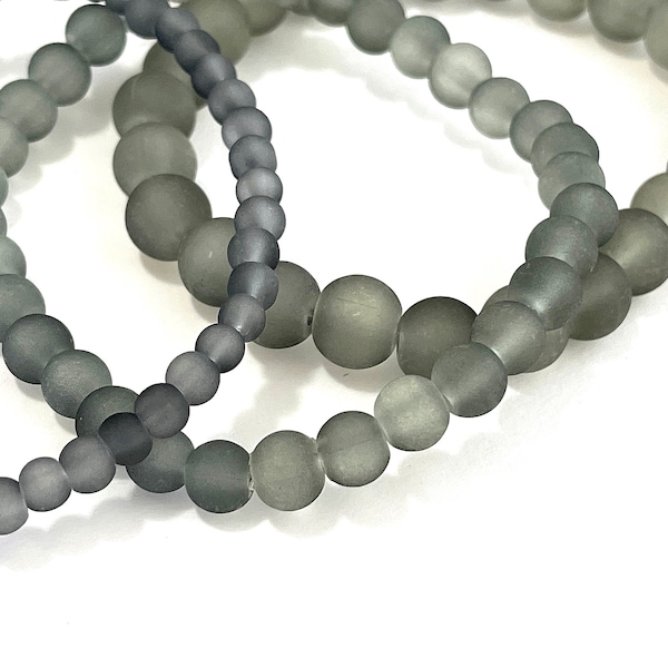 50 Pcs Gray Cultured Sea Glass Beads for Jewelry Making, 4mm 6mm 8mm Grey Frosted Rounds, Bulk Supply, Necklace Bracelet, 1mm Hole CFB12