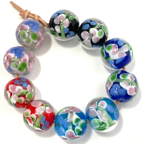 2 Pcs Lampwork Glass Beads for Jewelry Making, Handmade 12mm Round Focals, Glass Flower Beads, Pink Red Blue & Black Floral, 1.5mm Hole