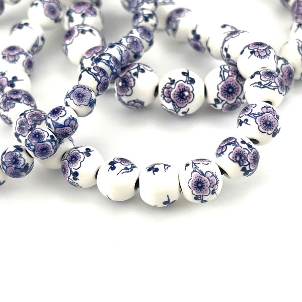 50 pcs Blue Floral Porcelain Beads for Jewelry Making,  6mm 8mm 10mm 12mm Ceramic Flower Round, White Purple Rosary, Chinoiserie, 1.5mm Hole