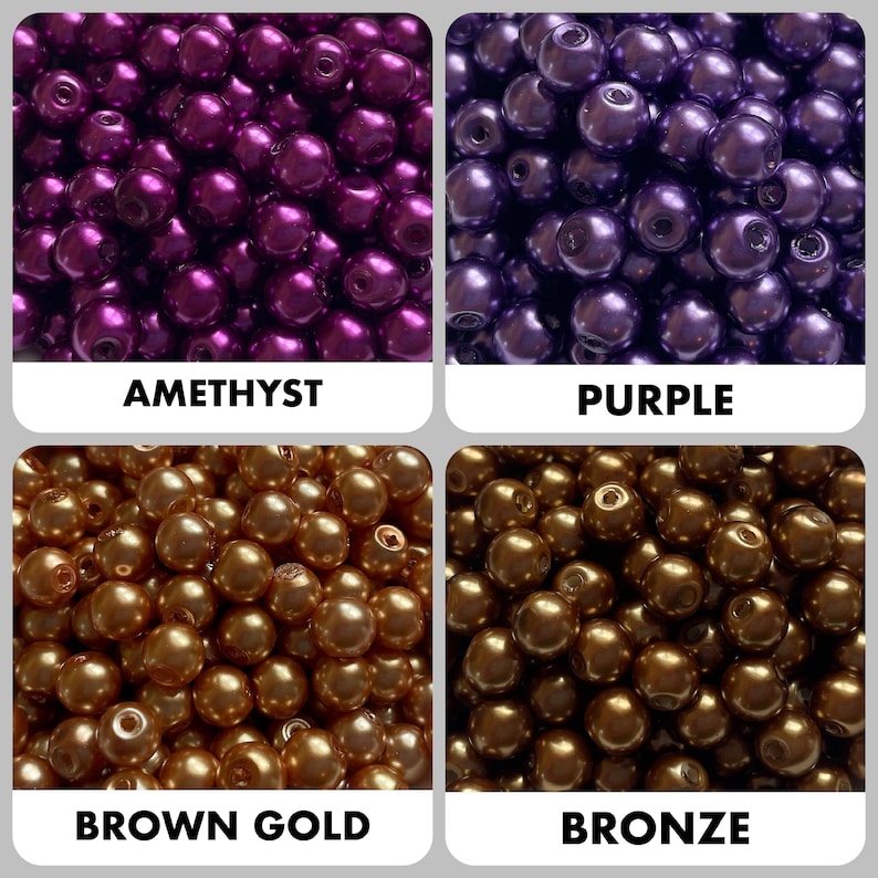 May include: A collection of round beads in four distinct colors: amethyst, purple, brown gold, and bronze. Each section displays a cluster of smooth, spherical beads with a glossy finish, labeled with their respective color names below.