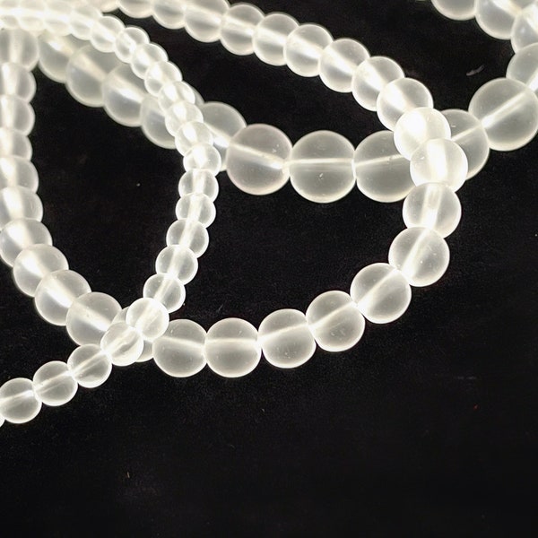 50 Pcs Cultured Sea Glass Beads for Jewelry Making, Frosted Clear Rounds, 4mm 6mm 8mm 10mm, Matte White, Necklace Bracelet, 1mm Hole CFB13