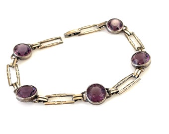 30s Gold Filled Bracelet for Women, Simmons Art Deco Jewelry, 7" Gold Link Bracelet, Purple Glass Stones, Open Back, Bezel Set, Dainty