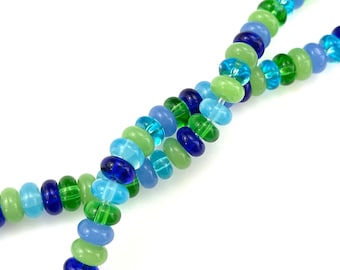 50 Pcs Assorted Glass Beads for Jewelry Making, Tiny Blue Green Donut Disc Spacer, Sea Glass Colors, Necklace Bracelet, 6 x 3mm w/ 1mm Hole