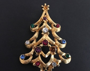 Monet Christmas Tree Pin, Rhinestone Jewelry, Holiday Jewelry, Rhinestone Christmas Tree Brooch, Colorful Holiday Brooch, Christmas Jewelry