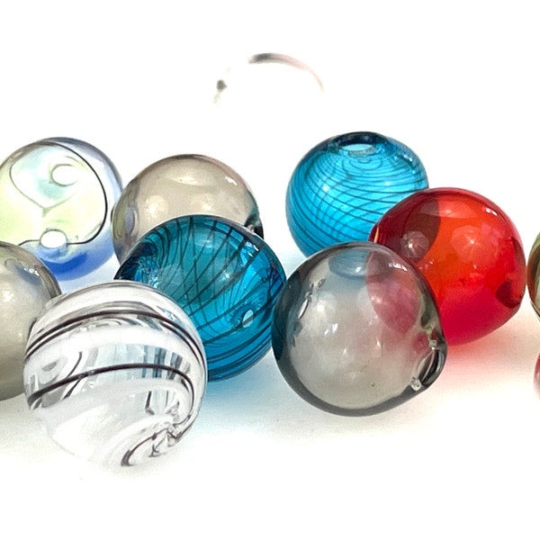 5 Pcs 12mm Blown Glass Beads for Jewelry Making, Round Hollow Bubbles, Blue Gold Gray Clear Red Green Black White Stripe Globe, Two Hole 1mm