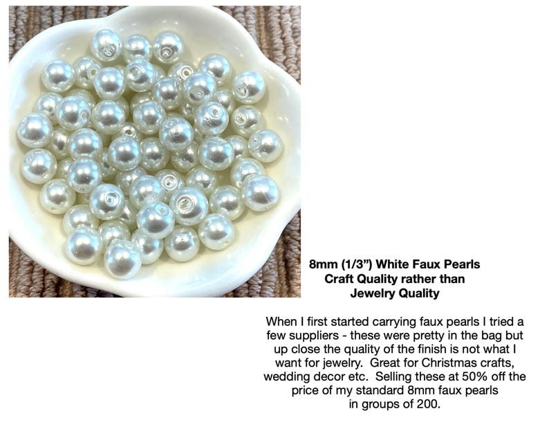 May include: A collection of 8mm (1/3") white faux pearls in a white bowl. The pearls are round and have a glossy finish. Text on the image reads "8mm (1/3") White Faux Pearls Craft Quality rather than Jewelry Quality."