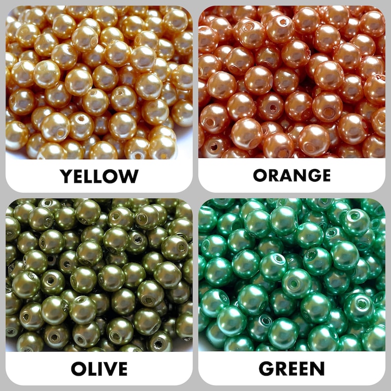 May include: A collection of round, smooth beads arranged in four distinct color groups labeled as yellow, orange, olive, and green. Each section features numerous spherical beads with a lustrous finish, each containing a central hole for threading.