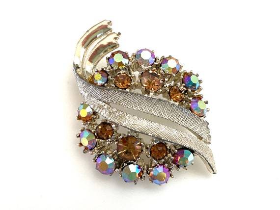 60s Signed Art Brooch for Women, Vintage Jewelry, 2" Topaz Color Aurora Borealis Rhinestone Pin, Gold Tone Metal, Mid Century ArtMode