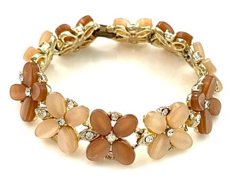 60s Lucite & Rhinestone Bracelet for Women, Lisner Vintage Costume Jewelry, 7" Gold Floral Bracelet, Beige + Brown Oval Moonglow Cabochons