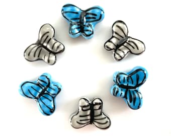 6pcs Butterfly Beads for Jewelry Making, Porcelain Gray & Blue Charm, 17 x 13mm Ceramic Pendant, Vertical Top Drilled, Black Stripe 2mm Hole