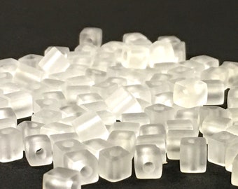 10 grams 4 x 4 Frosted Cube Beads for Jewelry Making, Miyuki Japanese Square Spacers, White Block Beads. 1.5 mm Hole, SB 131F, 4mm Delica