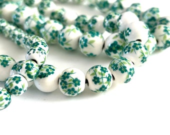 50 pcs Green & White Porcelain Beads for Jewelry Making, 6mm 8mm 10mm 12mm Ceramic Floral Rounds, Unique Supplies, Mala Bracelet, 1.5mm Hole