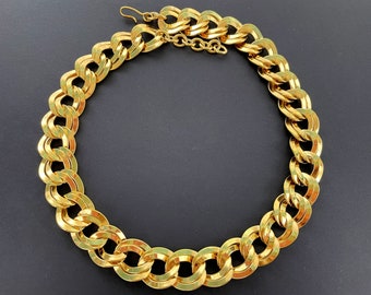 70s Monet Heavy Gold Necklace for Women, Vintage Jewelry, 20" Long Adjustable Choker, Bright Finish Double Curb Link, Wide Heavy Collar