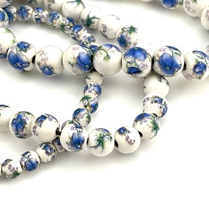 50 pcs Blue & White Porcelain Beads for Jewelry Making, 6mm 8mm 10mm 12mm Floral Ceramic Rounds, Chinoiserie, Bracelet Rosary, 1.5mm Hole