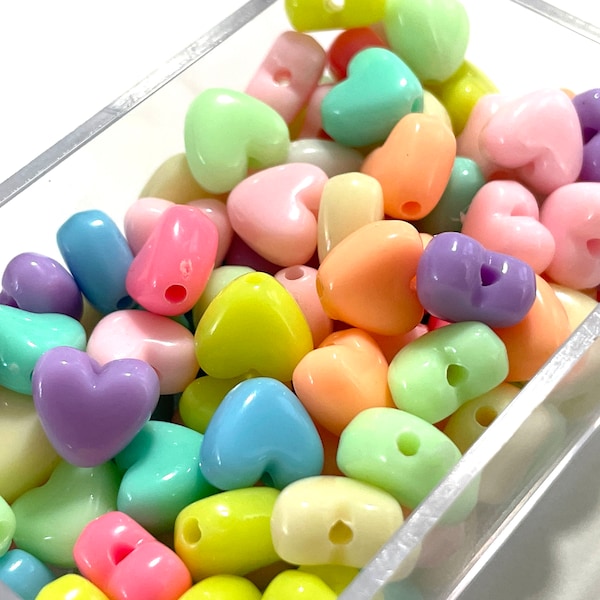 50 Pcs Kandi Beads for Jewelry Making, Assorted Heart Bead, Blue Pink White Green Orange Yellow, Acrylic Plastic Slider, 10 x 10mm, 2mm Hole