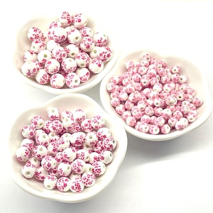 50 pcs Pink & White Porcelain Beads for Jewelry Making, 6mm 8mm 10mm 12mm Round Flower Ceramic Beads, Floral Chinoiserie, 1.5mm Hole CCBPCA