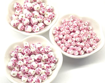 50 pcs Pink & White Porcelain Beads for Jewelry Making, 6mm 8mm 10mm 12mm Round Flower Ceramic Beads, Floral Chinoiserie, 1.5mm Hole CCBPCA
