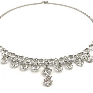 40s Vintage Necklace for Women, 1940s Art Deco Necklace, 15.5&quot; Silver Rhinestone Wedding Choker, Clear Open Back Stones, Rope Chain