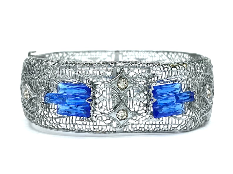 30s Blue Rhinestone Art Deco Bracelet for Women, Vintage Costume Jewelry, Cheever Tweedy Silver Filigree Cuff, Wide Bangle, Step Glass image 2