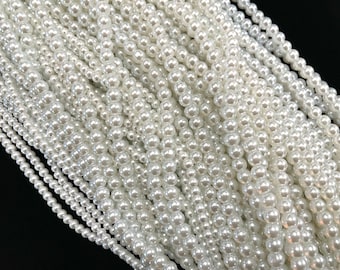 50 pcs Glass Pearl Beads for Jewelry Making, 4mm 6mm Round White Pearls, Smooth High Quality Finish, Bulk Wedding Bridal, 0.8 mm Hole